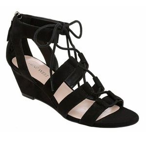 𝅺EUC Nine West Black Gladiator Lace Up Wedge Sandal Shoe Size 8